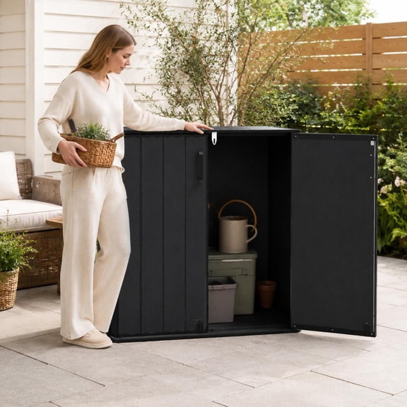 Outdoor 23.5 Cu.Ft Storage Box with Floor, Lockable Door, Waterproof Surface, Black