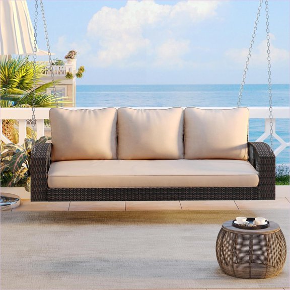 Outdoor 3-Person Porch Swing, 69 Inch Tan Brown Wicker Swing with Cushions & Chains for Backyard Garden Poolside | Wicker | Polyester