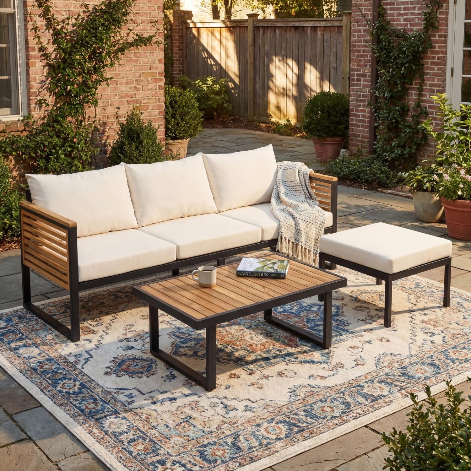Outdoor 3-Piece Acacia Wood and Metal Patio Sofa Set, Sectional Seating with Ottoman and Coffee Table for Garden, Backyard, Deck, Porch, Teak+Beige