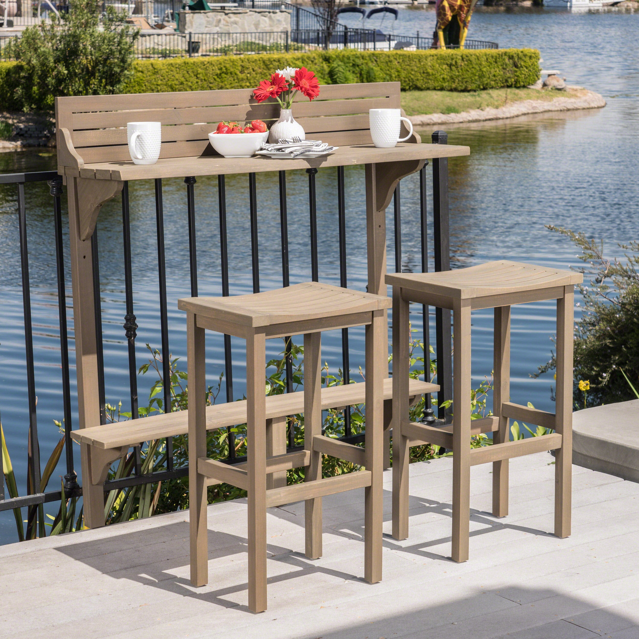 Outdoor 3 Piece Balcony Leisure Set, Bottom Shelf Table plus 2 Stools for Outdoor Balcony Use, Gray