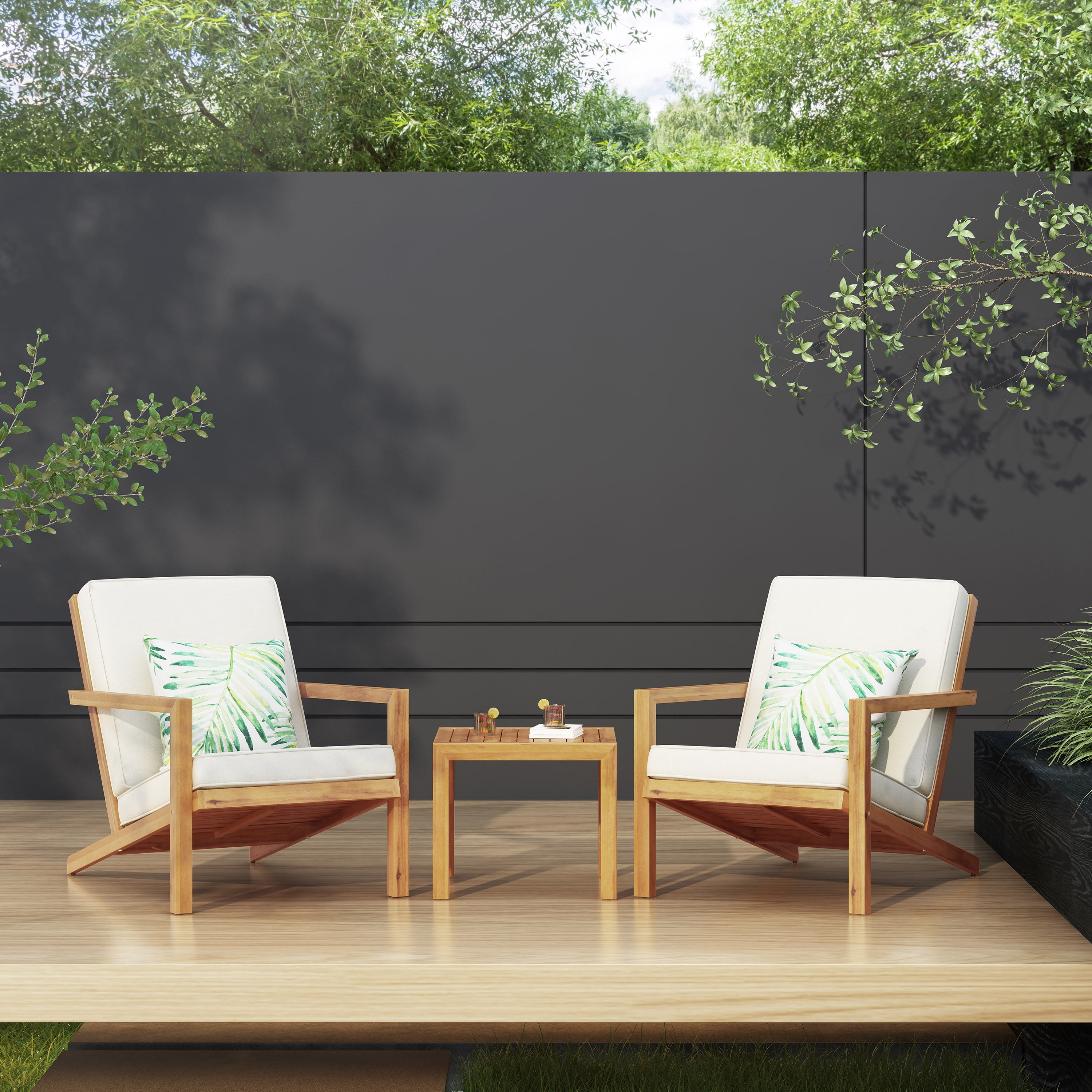 Outdoor 3 Piece Leisure Conversation Set, Acacia Wood Combined Furniture for Patio Garden, Teak and Cream
