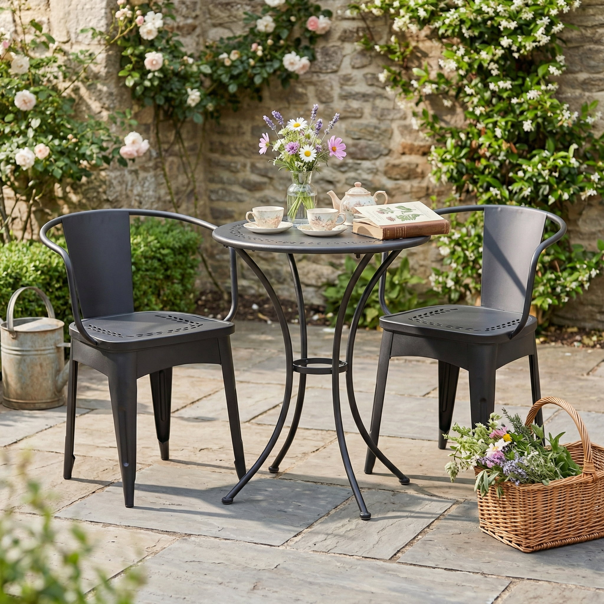 Outdoor 3 Piece Metal Frame Leisure Bistro Set, Combined Table and Chairs for Patio Garden, Black