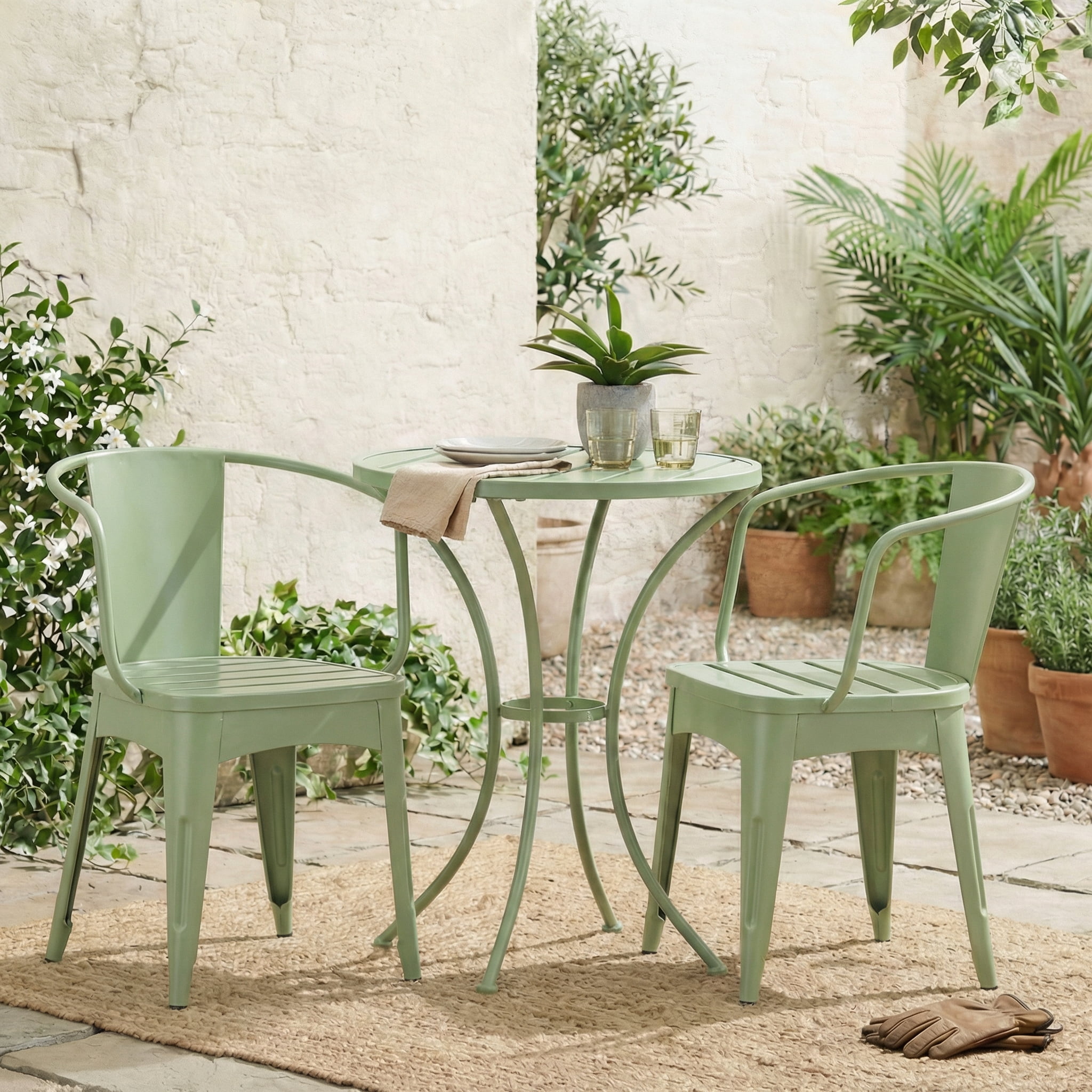 Outdoor 3 Piece Metal Frame Leisure Bistro Set, Combined Table and Chairs for Patio Garden, Chartreuse Green