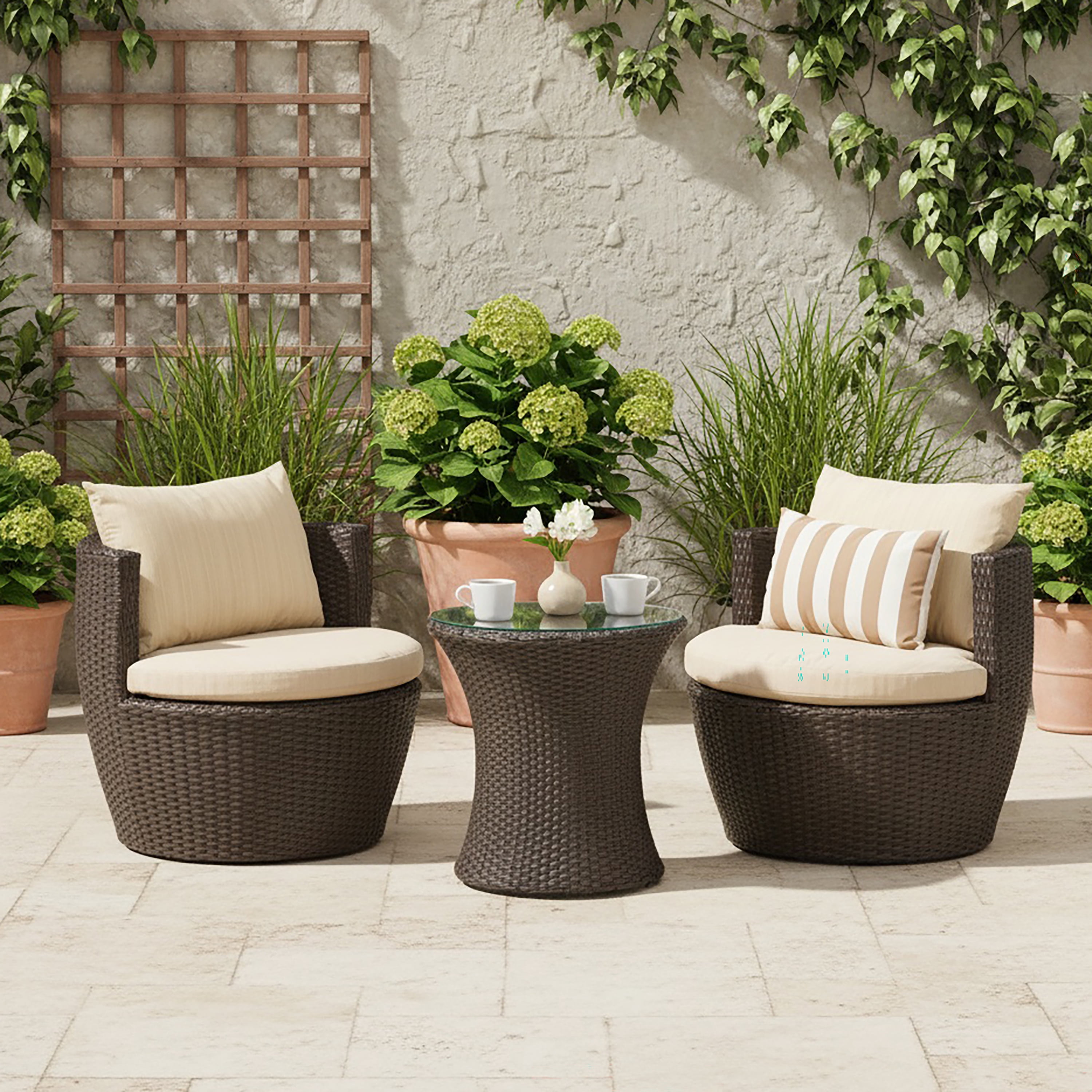 Outdoor 3 Piece PE Woven Leisure Conversation Set, Combined Outdoor Furniture for Patio Garden, Aluminum Brown