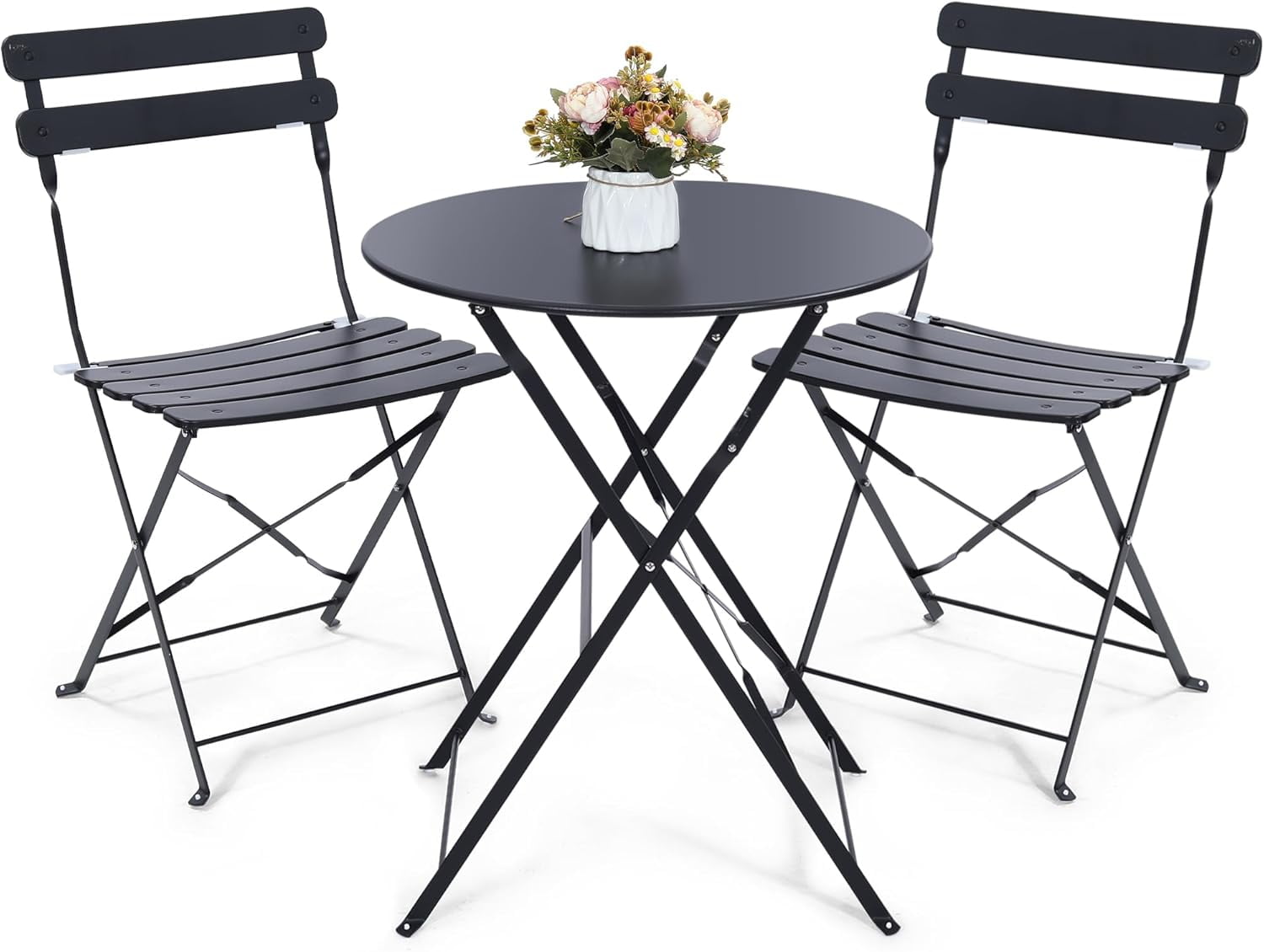 3 Piece Dark Green Patio Bistro Set with Foldable Table and Chairs