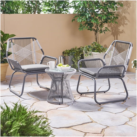 Outdoor 3-Piece Rattan Chat Set with Table, Gray Waterproof Fabric for Patio and Garden Conversations