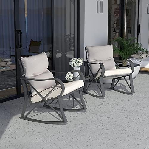 Outdoor 3-Piece Rocking Bistro Set, Outside Patio Furniture with Light Beige Cushion, Glass Coffee Table, Small Rocker Conversation Set for Yard