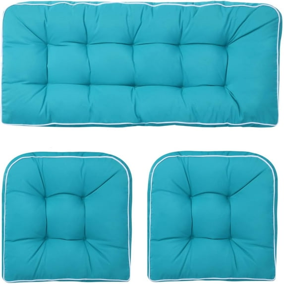 Outdoor 3 Piece Wicker Chair Cushion Set, 1 Loveseat Wicker Settee Cushion & 2 U-Shape Cushion for Patio Bench All Weather