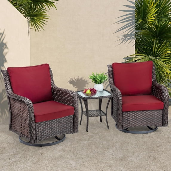 Outdoor 3 Pieces Bistro Set, Patio Swivel Wicker Glider Patio Chairs with Table Set, with 4”Thick Cushions and Coffee Table for Porch, Balcony, Deck, Red