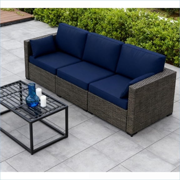 Outdoor 3-Seat Deep Seating Rattan Sofa, Patio Couch for Balcony Deck Poolside Garden | Navy Blue | Galvanized Steel