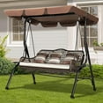 thumbnail image 1 of Outdoor 3 Seat Swing Brown Porch Swing Bed With Backrest, Metal Stand For Adults Covered Lawn Swing, 1 of 11