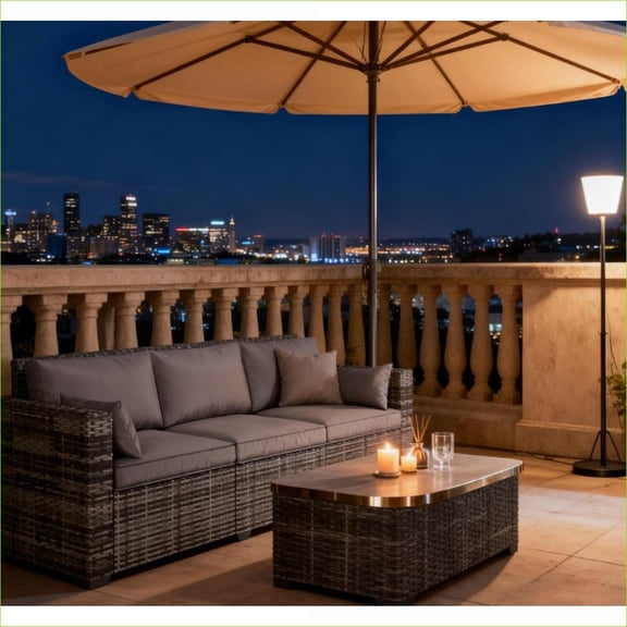 Outdoor 3-Seater Deep Seating Sofa, with Side Trays, for Patio Deck Porch | Gray | Polyester,Rattan,Steel