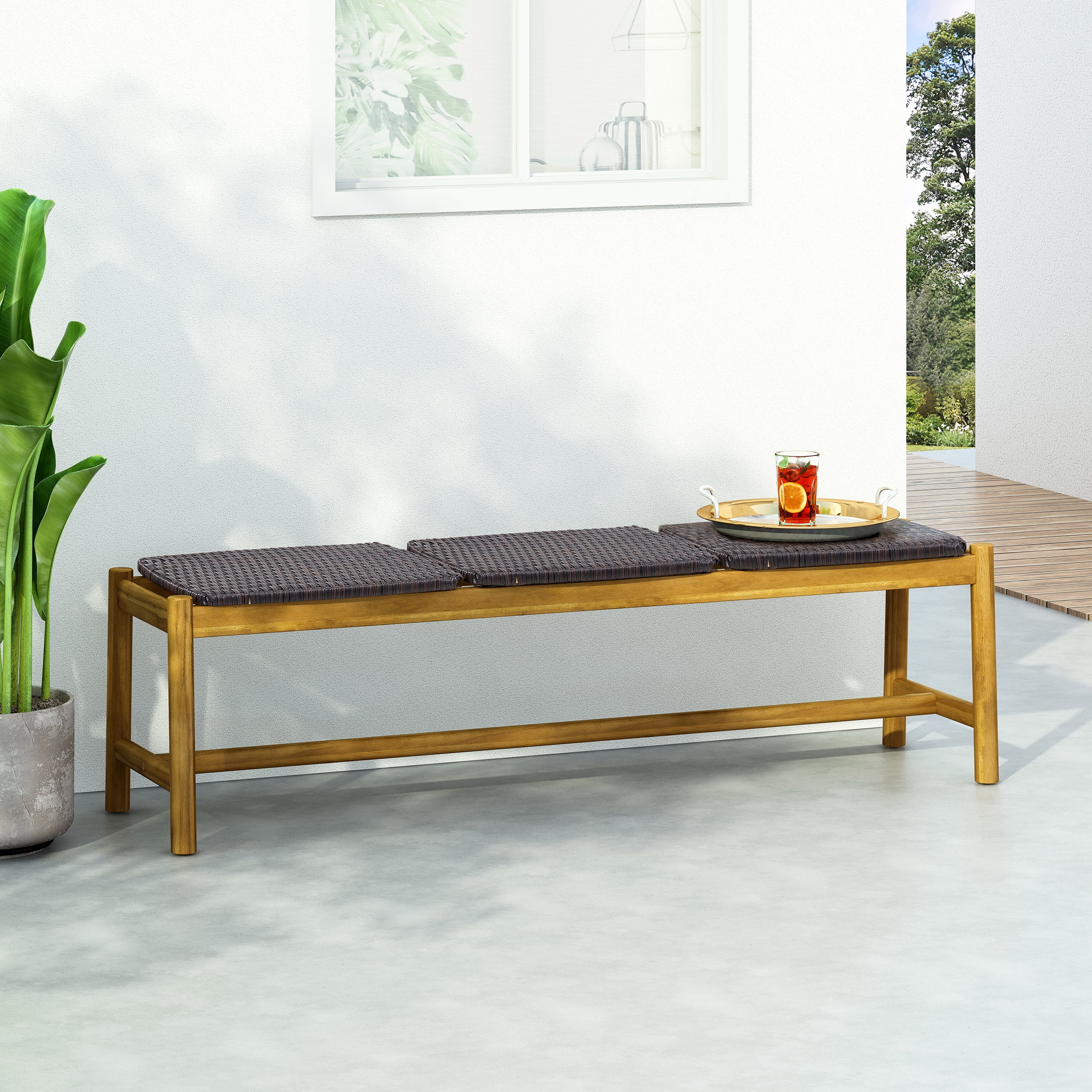 Outdoor 3 Seater Garden Rest Bench, Acacia Wood Public Leisure Seat for Patio Garden, Brown