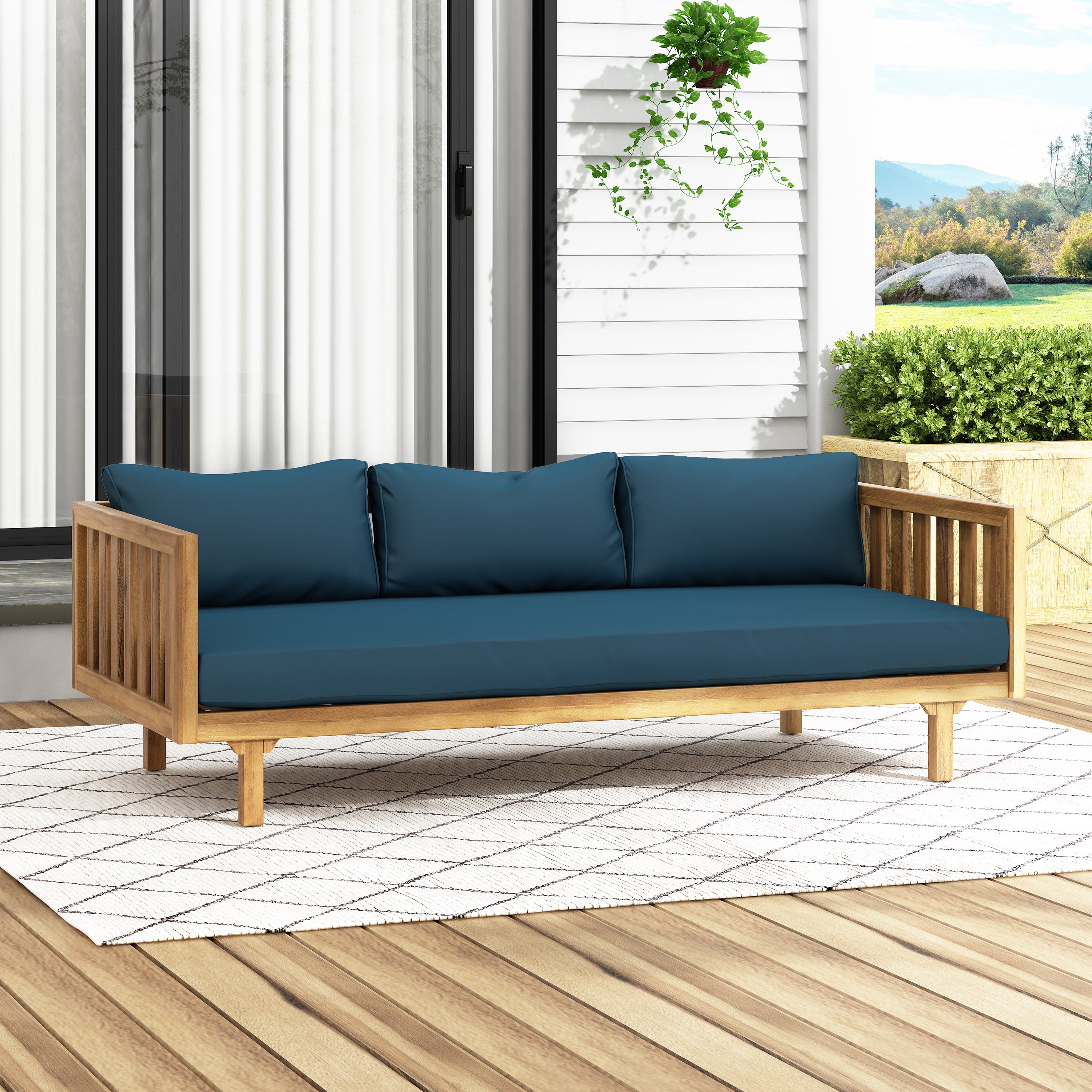 Outdoor 3 Seater Leisure Rest Bed, Acacia Wood Frame Daybed for Patio Garden, Teal