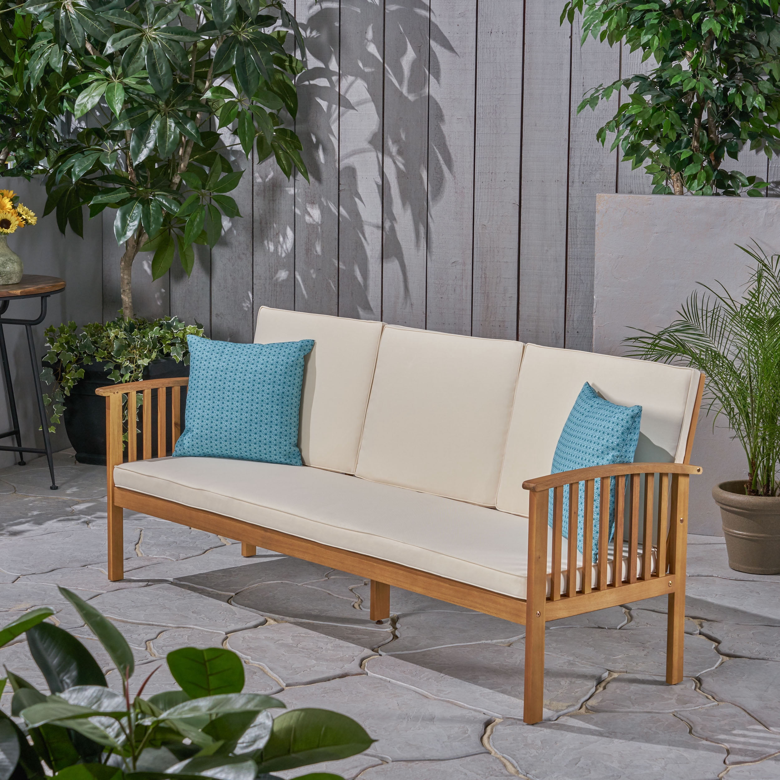 Outdoor 3 Seater Leisure Sofa, Solid Acacia Wood Frame Outdoor Couch for Patio Garden, Teak and Beige