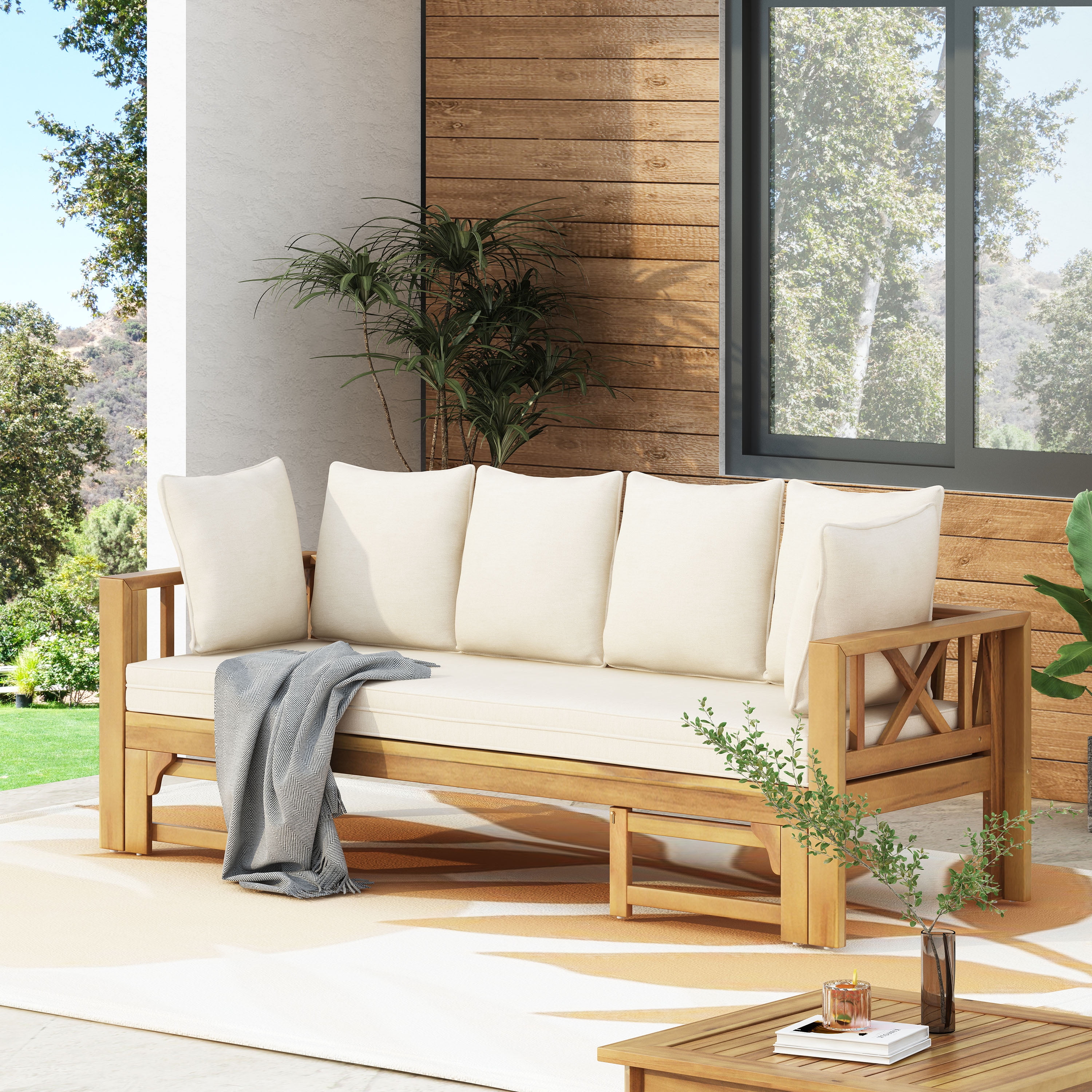 Outdoor 3 Seater Sofa Daybed, Extendable Acacia Wood Leisure Seat for Patio Garden Yard, Teak and Beige