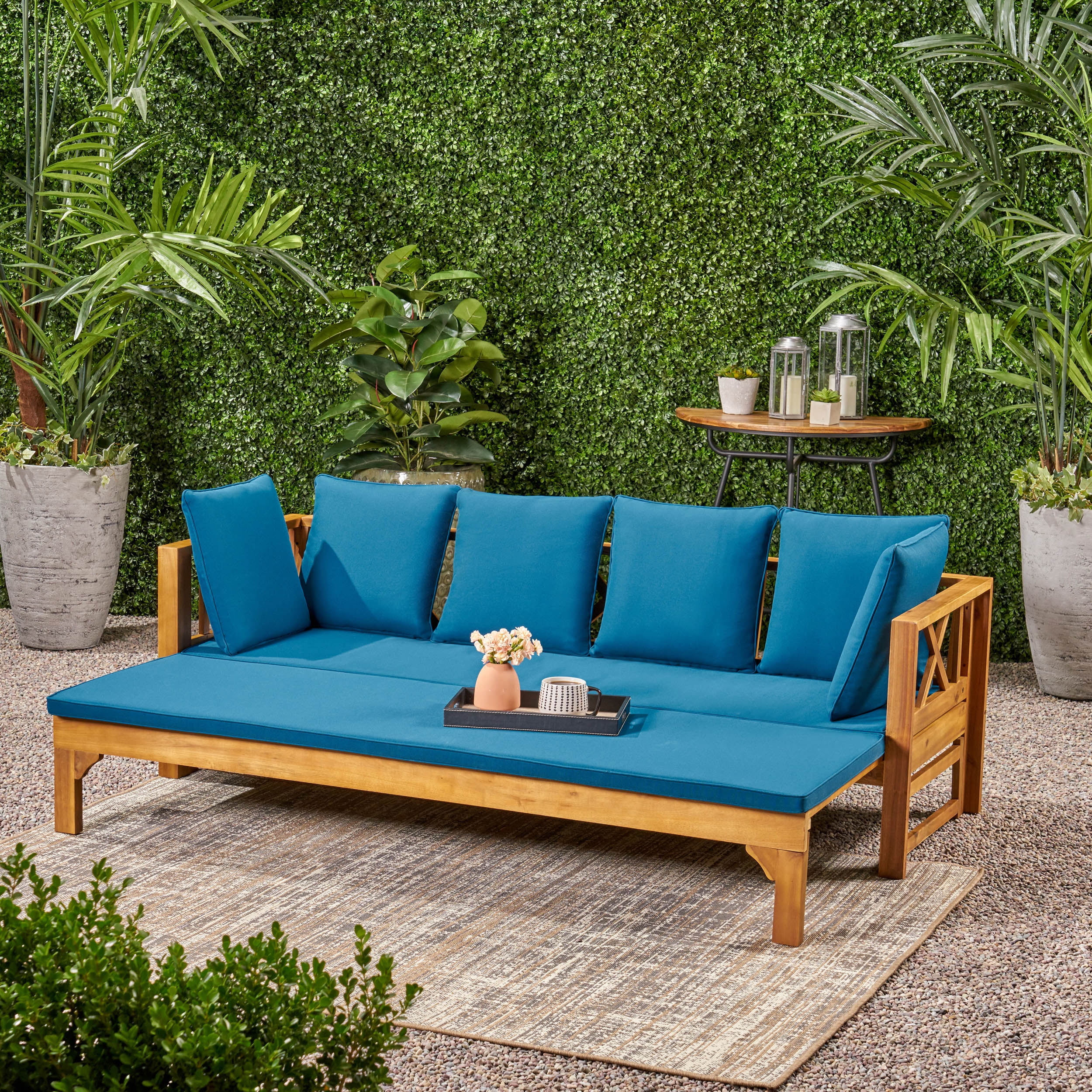 Outdoor 3 Seater Sofa Daybed, Extendable Acacia Wood Leisure Seat for Patio Garden Yard, Teak