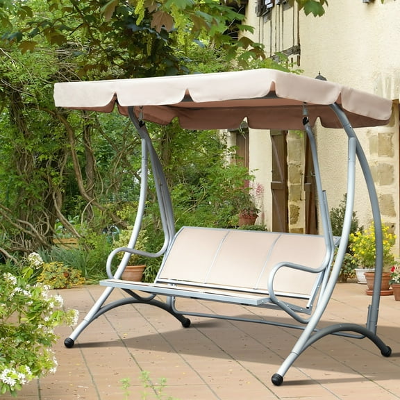 Outdoor 3 Swing Chair With Adjustable Canopy And Quick-drying Seat, Beige Sunshade For Garden Leisure -