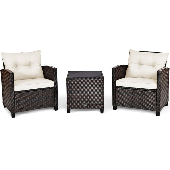Outdoor 3-piece Cushioned Rattan Patio Furniture Conversation Set White