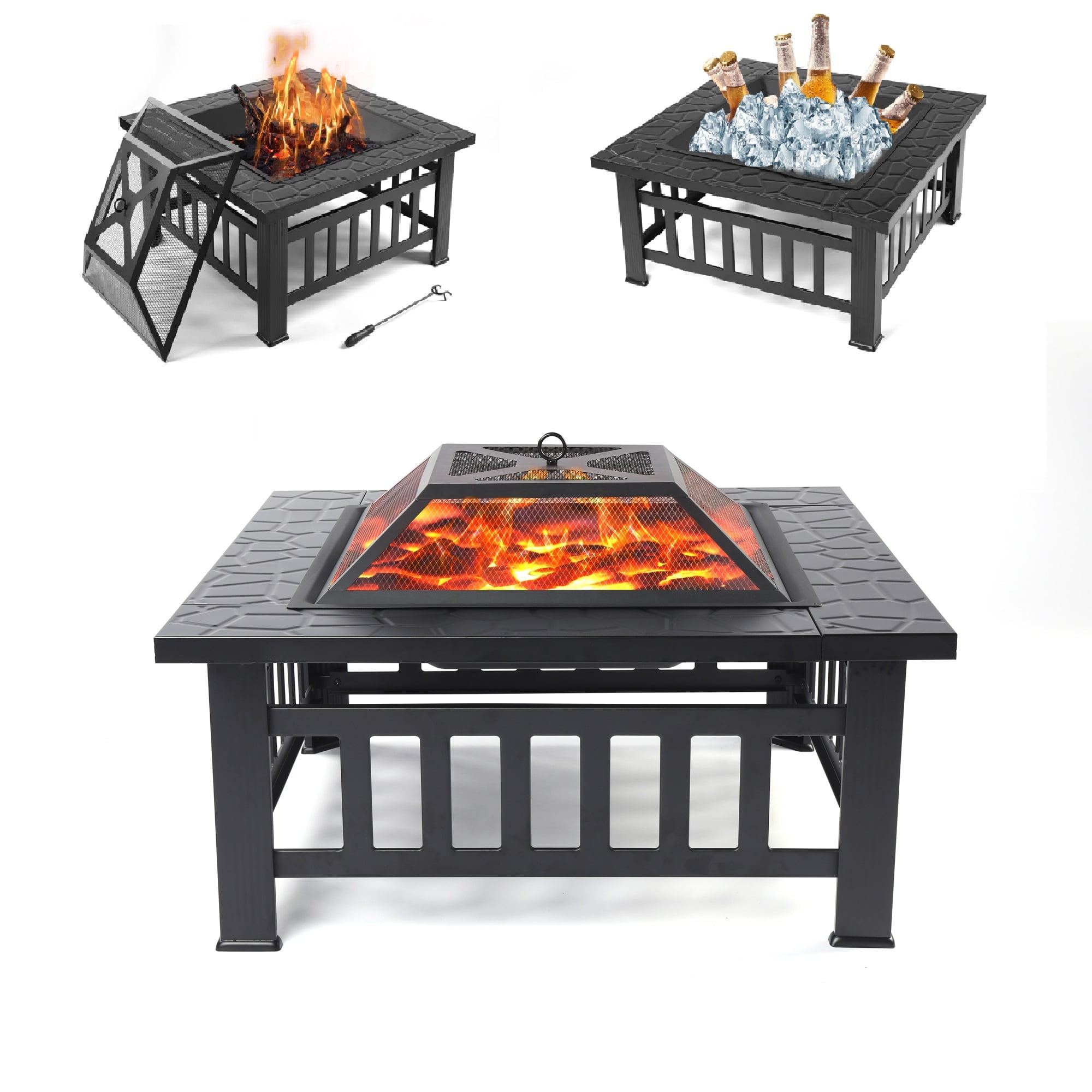 Outdoor 32" Fire Pit for Patio, Square Steel Fire Pit with Mesh Screen Lid, Outdoor Metal Fire Pit with Poker, Multifunctional Heater/Grill/Ice Pit for Backyard Patio Garden BBQ Grill, S7045