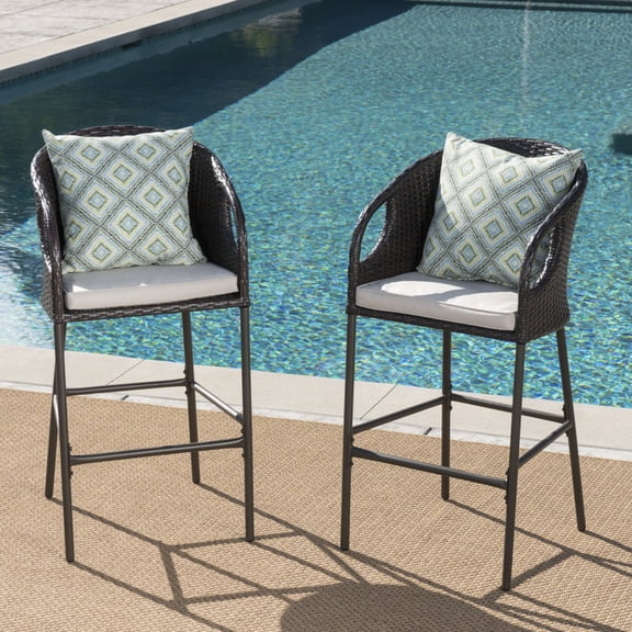 Outdoor 31 Inch PE Rattan Bar Stools with Waterproof Cushions, Set of 2, Ergonomic Back Support and Durable Iron Frame for Patio, Garden, or Backyard Seating