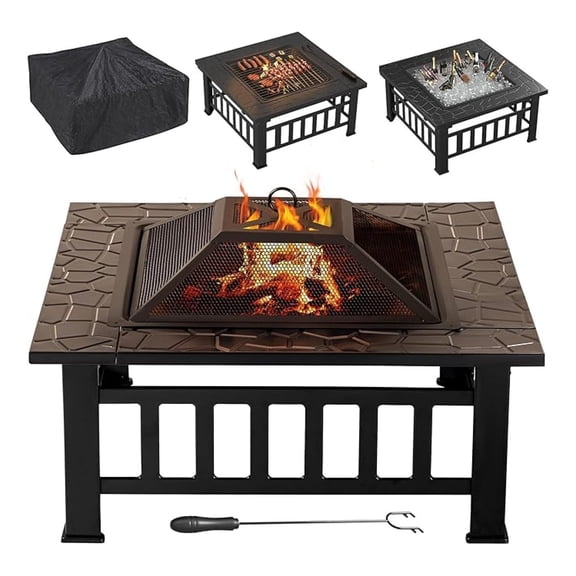 Outdoor 32 Inch Patio Square Metal Firepit with Cover & Grate Wood Burning Fireplace Backyard Stove for Outside Heating Camping