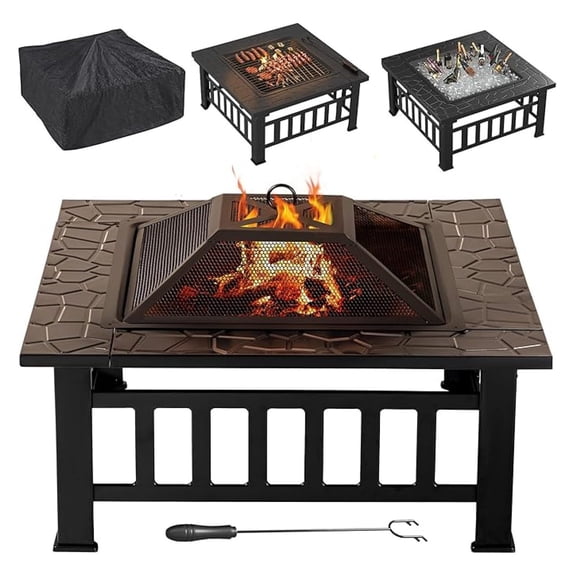 Outdoor 32 Inch Patio Square Metal Firepit with Cover & Grate Wood Burning Fireplace Backyard Stove for Outside Heating Camping