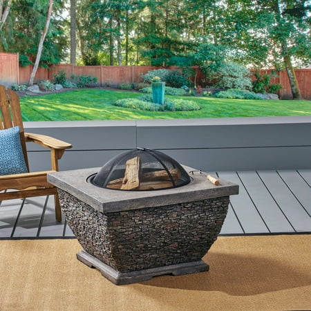 Outdoor 32" Wood Burning Light-Weight Concrete Square Fire Pit, Grey