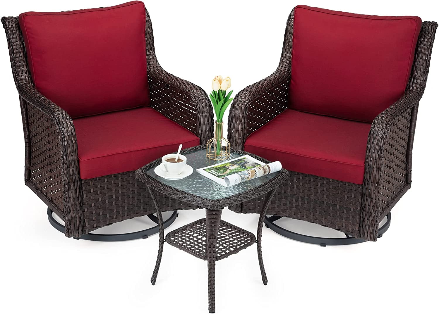 Outdoor 360° Swivel Rocker Patio Chairs Set of 2 and Matching End Table