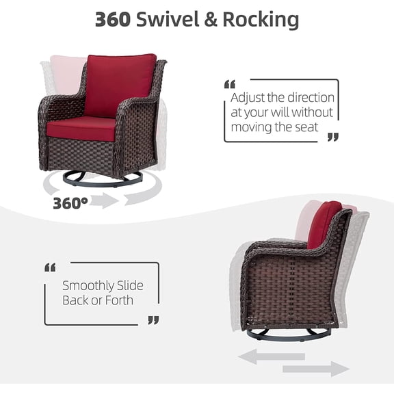 Outdoor 360° Swivel Rocker Patio Chairs Set of 2 and Matching End Table, IDEALHOUSE 3 Pieces Wicker Patio Bistro Set with Premium Fabric Cushions for Yard, Garden, Balcony (Rust, Encryption Rattan)