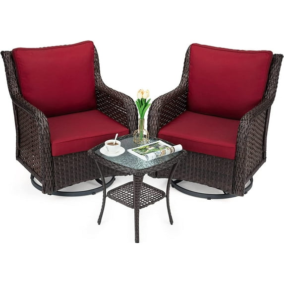 Outdoor 360° Swivel Rocker Patio Chairs Set of 2 and Matching End Table, IDEALHOUSE 3 Pieces Wicker Patio Bistro Set with Premium Fabric Cushions for Yard, Garden, Balcony (Rust)