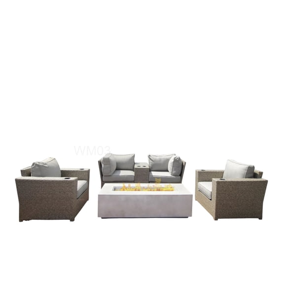 Outdoor 4+ Person Seating Group with Fire Pit & Washable Grey Cushions