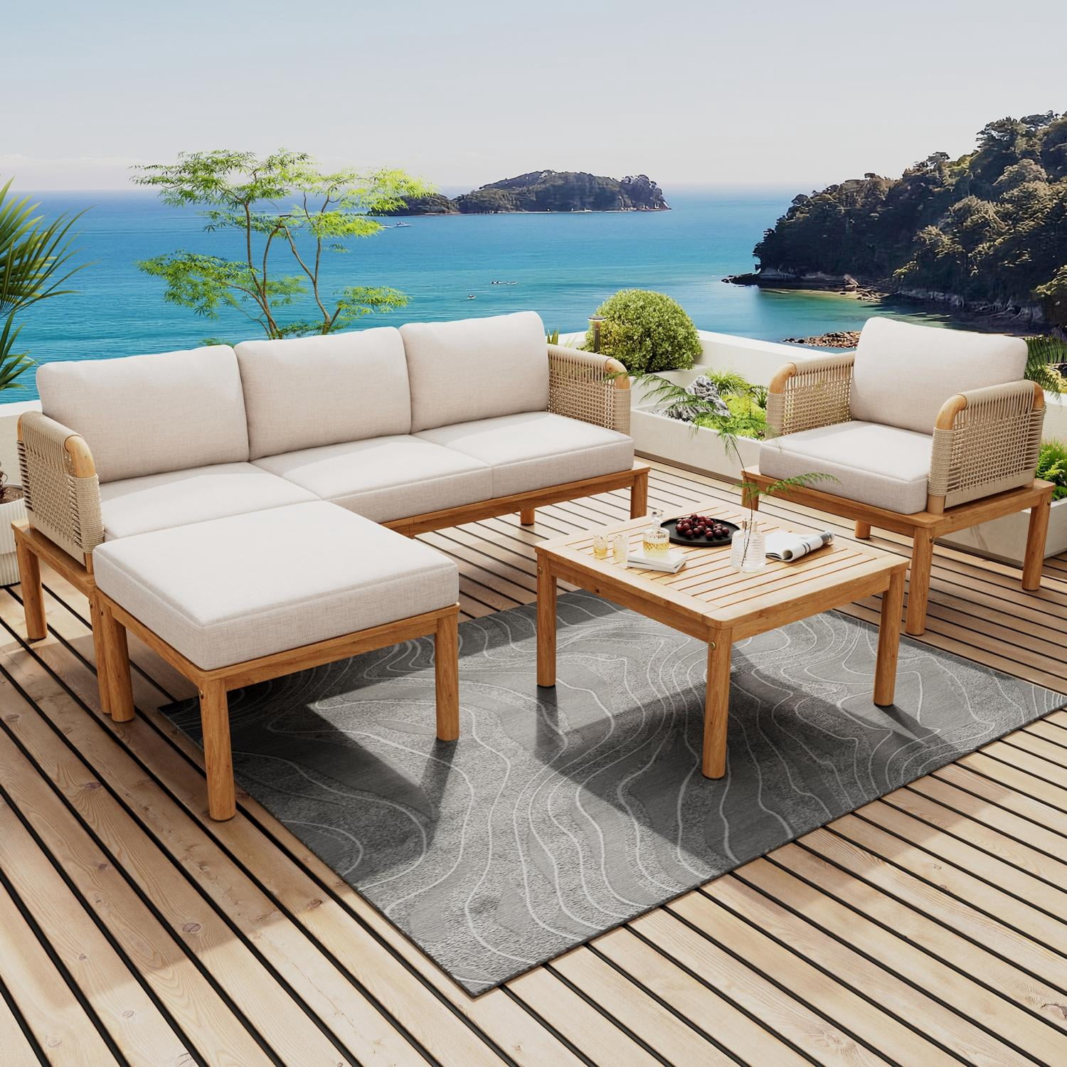 Outdoor 4-Piece Acacia Wood & Rope Patio Sofa Set, Complete Seating with Ottoman, Coffee Table & Club Chair for Garden Backyard, Teak+Beige