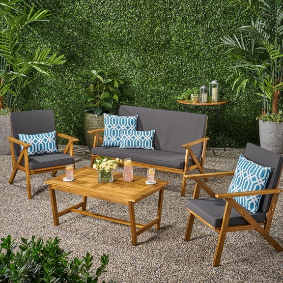 Outdoor 4-Piece Chat Set | Ideal for Backyard Barbecues and Pool Parties | Crafted from Acacia Wood with Water-Resistant Cushions | Withstands Sun and Rain