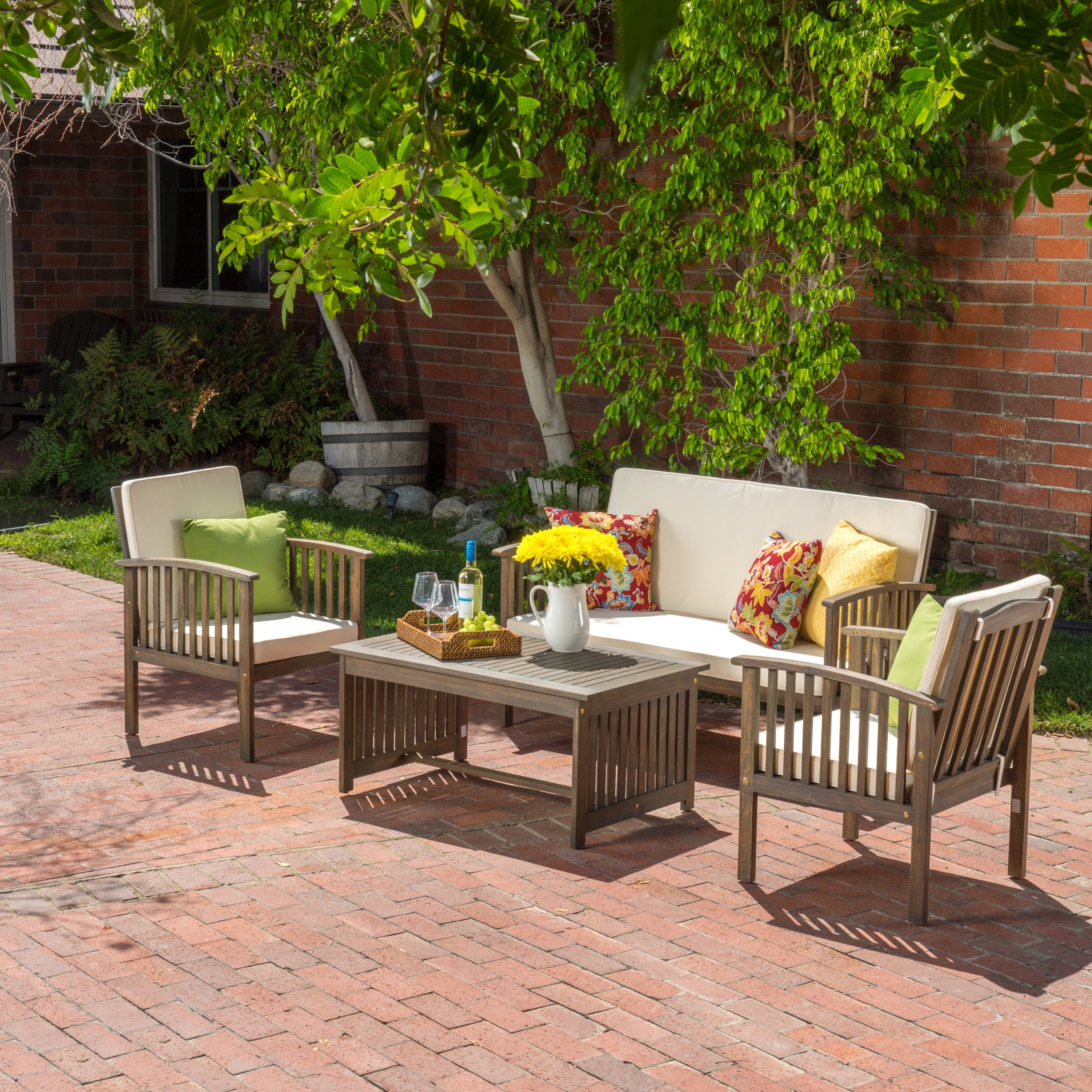 Outdoor 4 Piece Conversation Furniture Set, Acacia Wood Combined Leisure Seats for Patio Garden, Gray