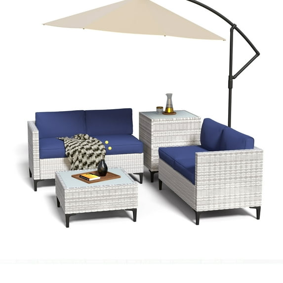 Outdoor 4-Piece PE Wicker Sofa Set: All-Weather Sectional with 15% Larger Storage Box, Tempered Glass Table & Waterproof Navy Blue Cushions - Perfect for Poolside, Backyard, Garden