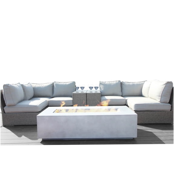 Outdoor 4-Piece Patio Set with Fire Pit & Cushions, Grey Modular Sectional Sofa Seating Group, No Assembly Required
