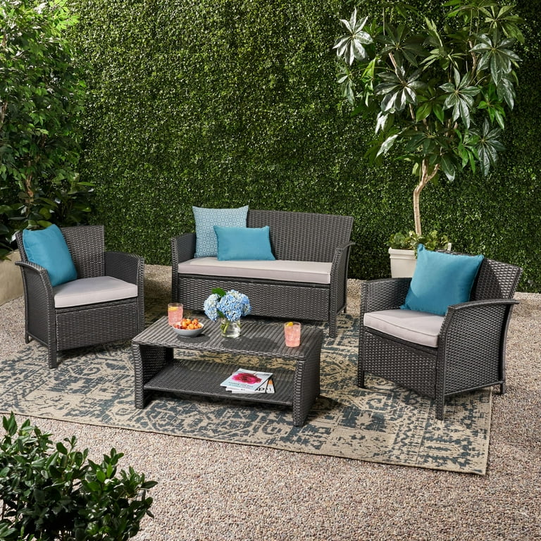 Outdoor 4 Piece Wicker Chat Set with Cushions Grey Silver Walmart