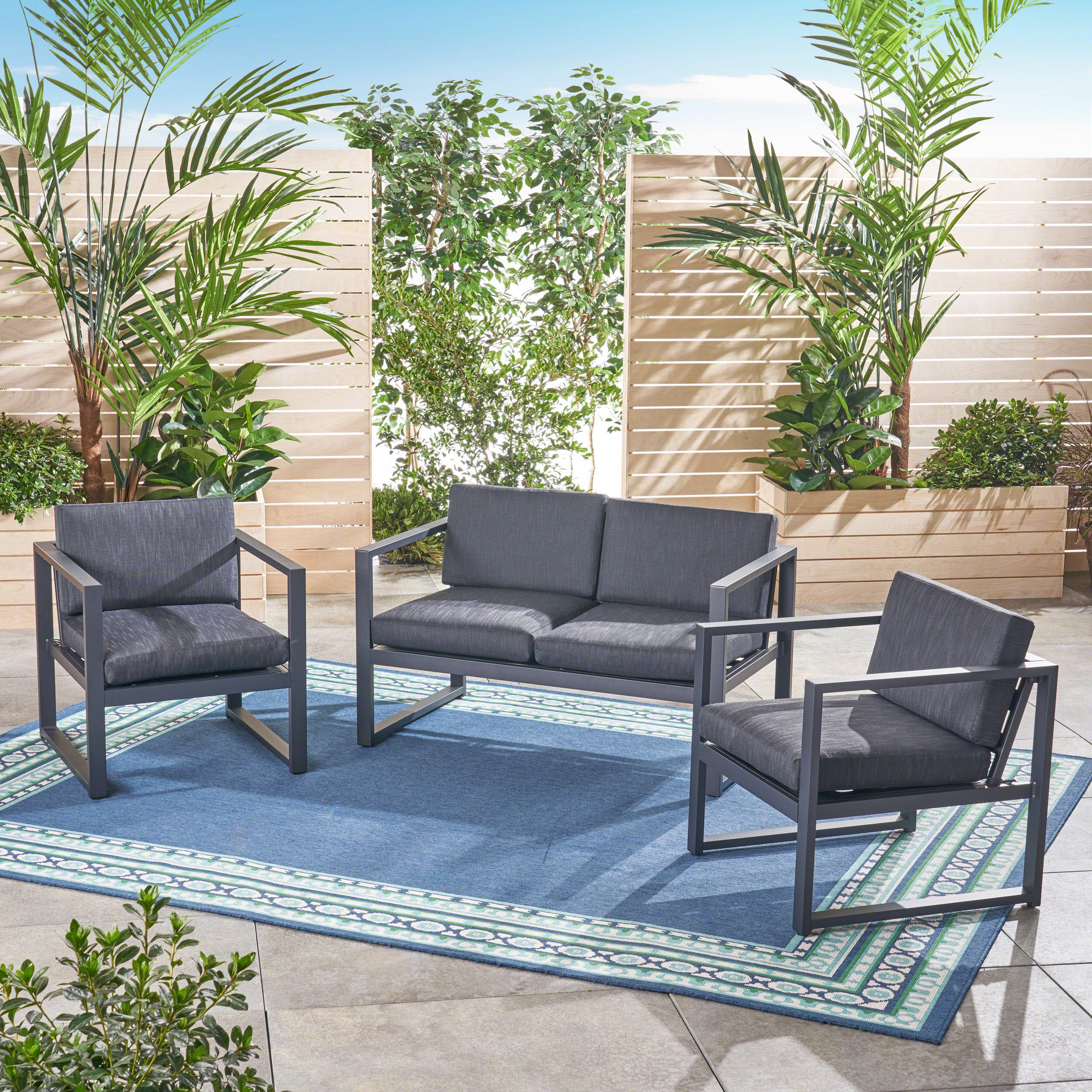 Outdoor 4 Seater Aluminum Chat Set with Cushions, Silver,Grey