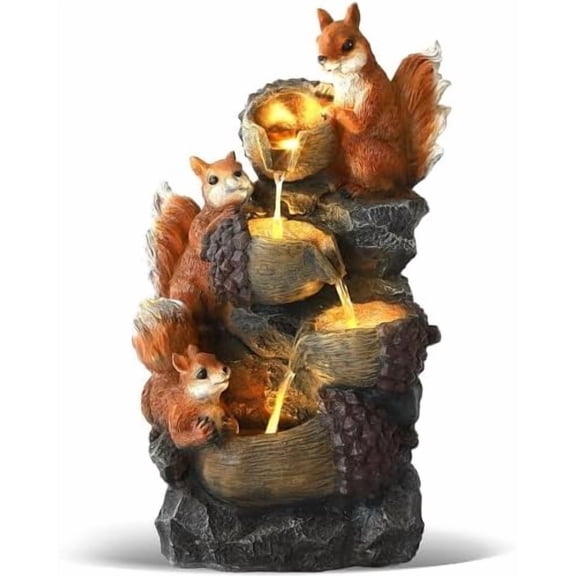 Outdoor 4-Tiers Cascading Water Fountain, Waterfall Fountain with 4 LED Lights, Outdoor Fountains and Waterfalls for Garden or Patio, Yard, Deck, Decor with 3 Squirrel Look$$Garden & Patio