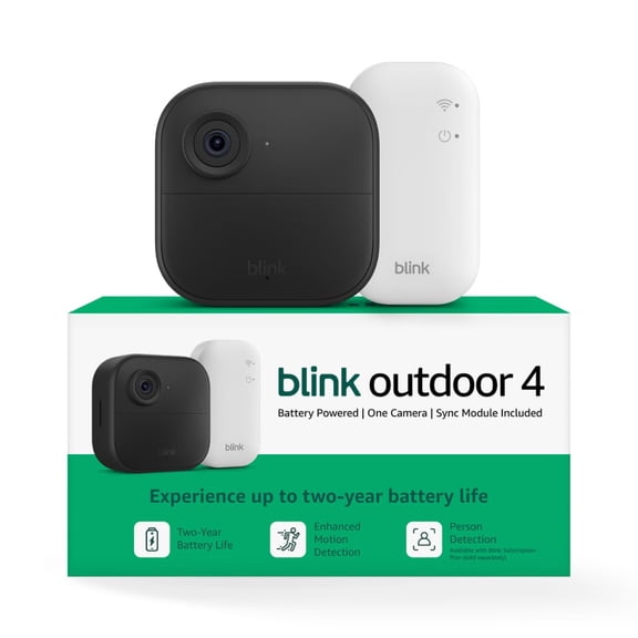 Outdoor 4 Wireless smart security camera, two-year battery life, 1080p HD day and infrared night live view, two-way talk. Sync Module Core included 1 camera system