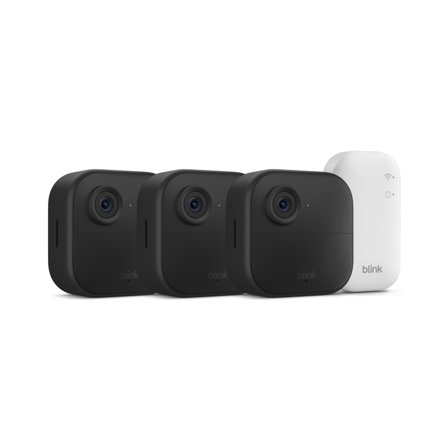 Outdoor 4 Wireless smart security camera, two-year battery life, 1080p HD day and infrared night live view, two-way talk. Sync Module Core included 3 camera system