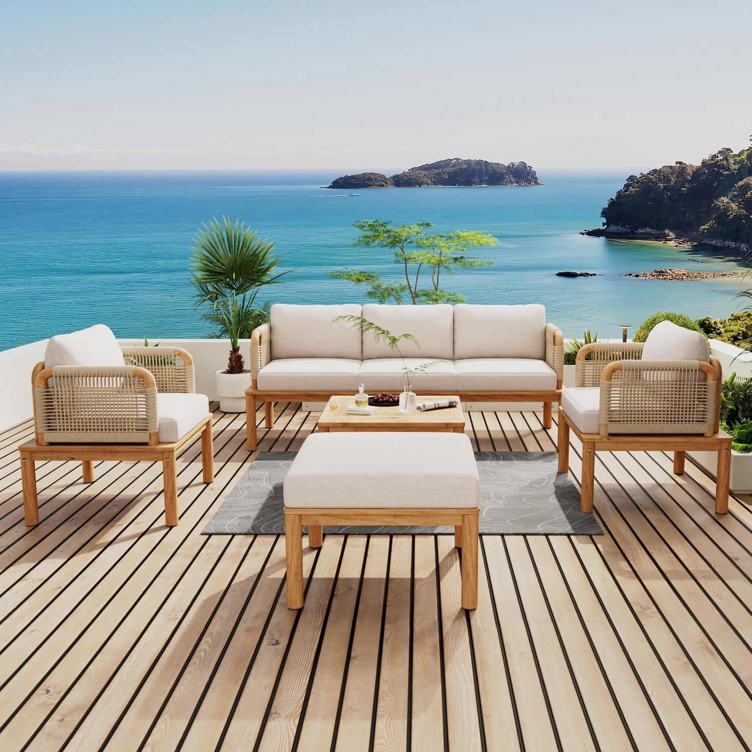 Outdoor 5-Piece Acacia Wood & Rope Patio Sofa Set, Full Seating with Ottoman, Coffee Table & Club Chairs for Garden Backyard Deck, Teak+Beige
