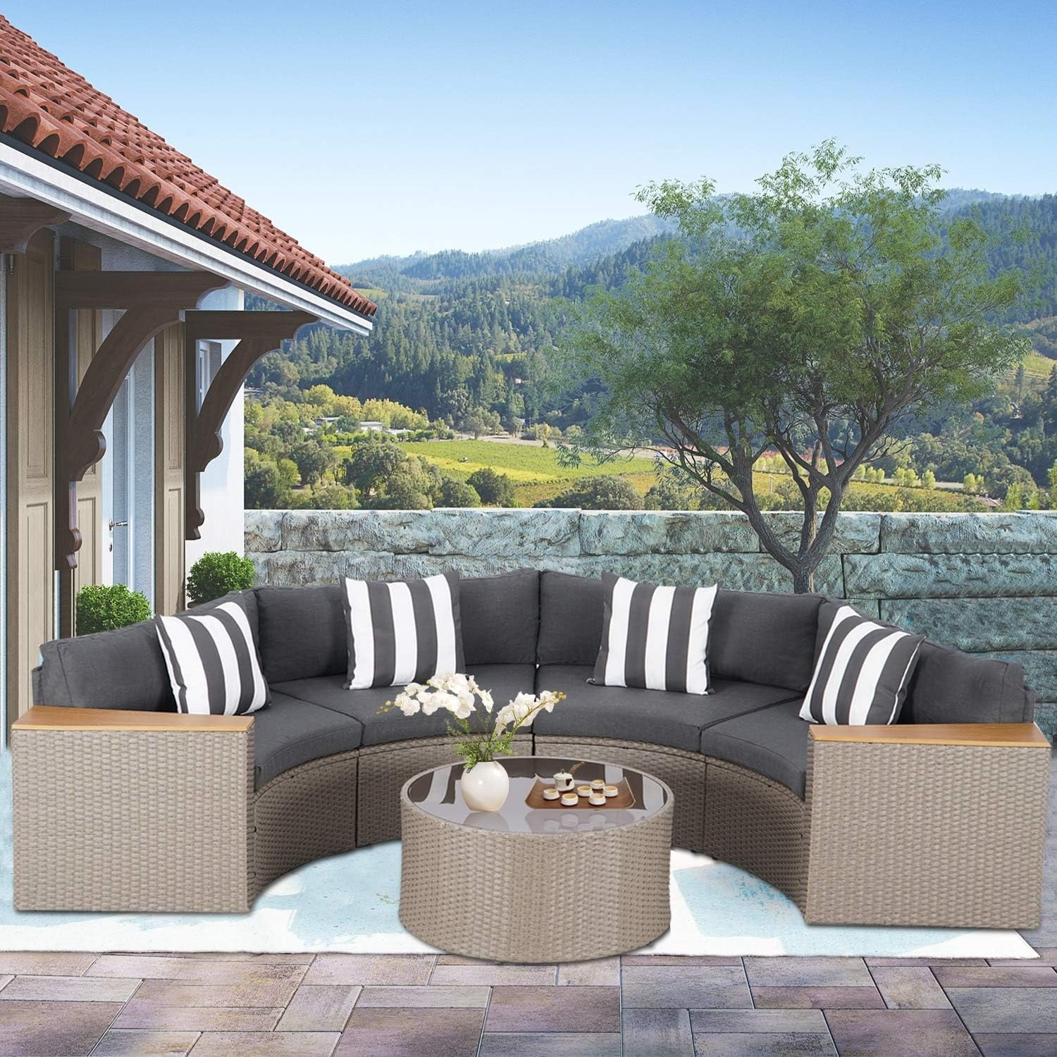 Outdoor 5-Piece Rattan Sectional Patio Furniture Half-Moon Sofa Grey ...