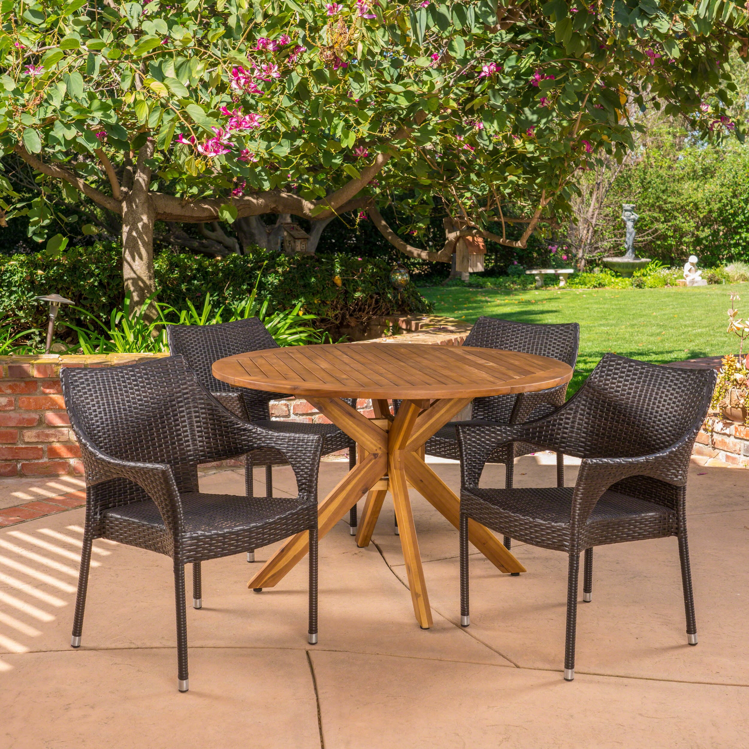 Outdoor 5 Piece Wicker Dining Set with Circular Acacia Wood Dining Table,Teak,Multibrown
