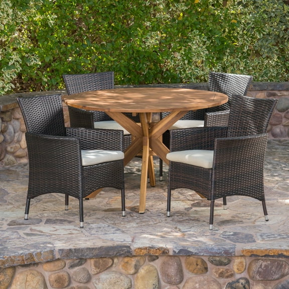 Outdoor 5 Piece Wicker Dining Set with Circular Acacia Wood Dining Table and Cushions,Beige,Multibrown,Teak
