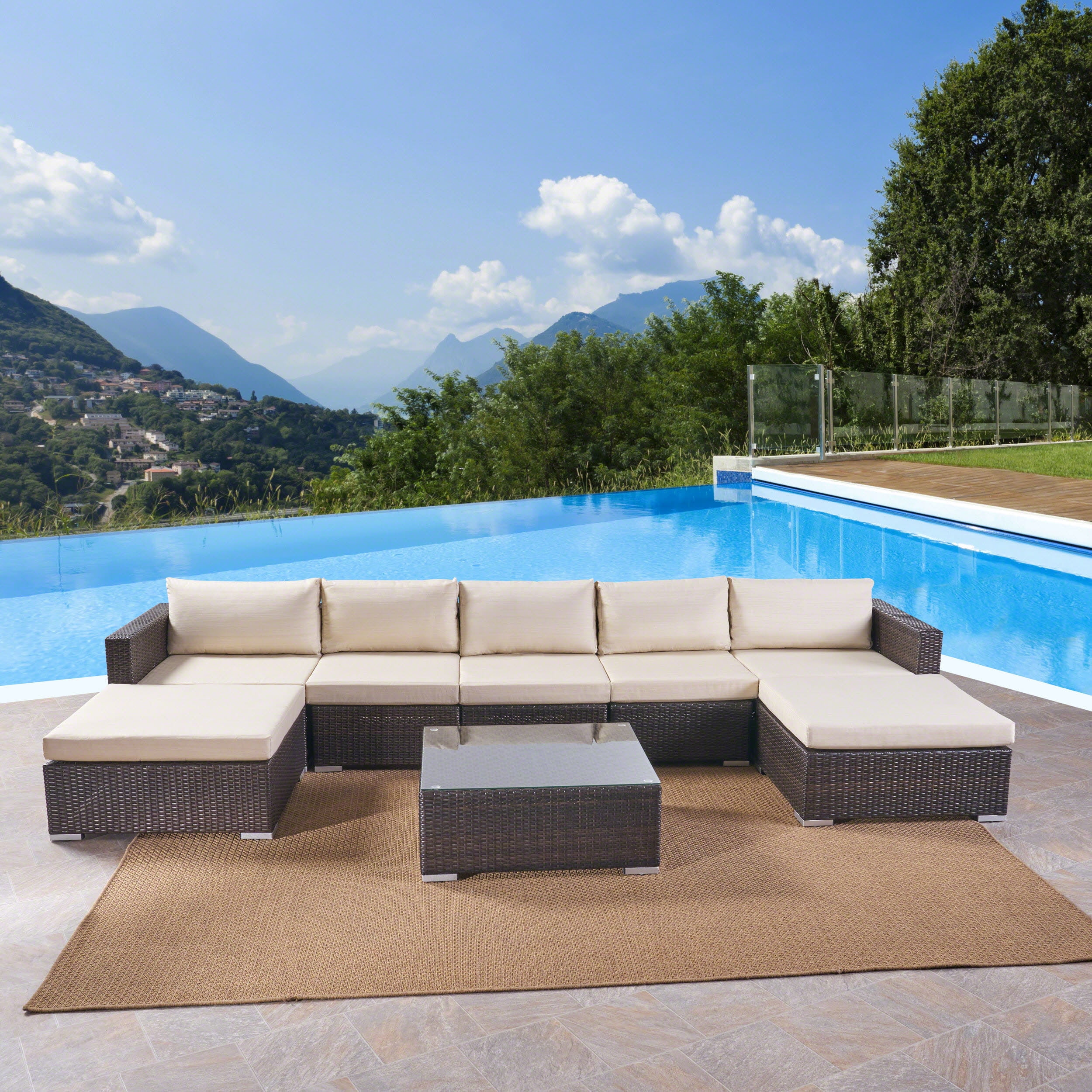 Outdoor 5 Seater Wicker Sectional Sofa Set with Cushions, Multibrown,Beige