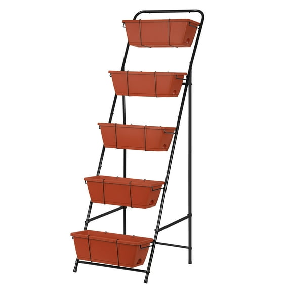 Outdoor 5-Tier Planter Rack with Drainage Holes and Removable Tray Brick Red Metal