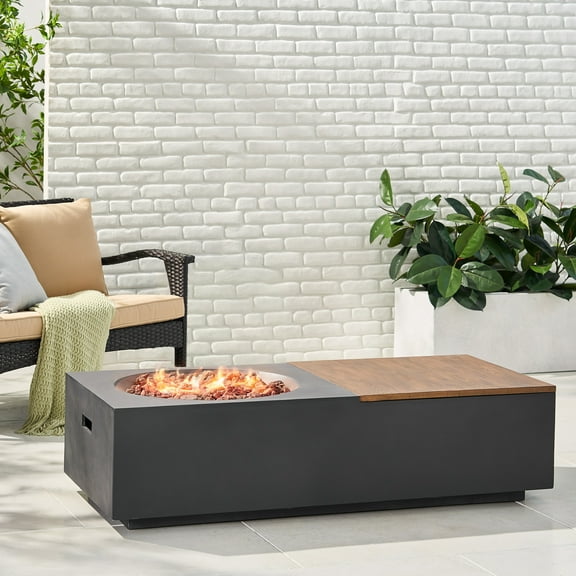 Outdoor 50,000 BTU Lightweight Concrete Rectangular Fire Pit Table with Storage, Dark Gray and Natural Brown (Tank Cover not Included)