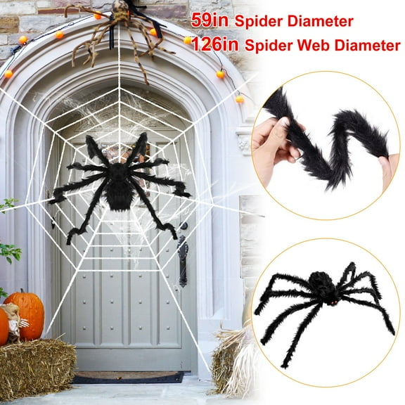 Outdoor 59inch Halloween Decor Spider with 126inch Tarantula Mega Spider Web Spider Stretch Cobweb